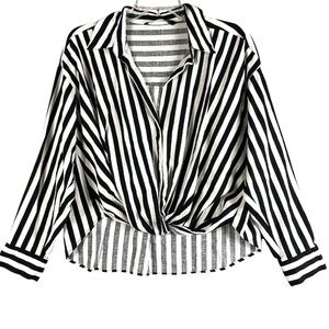 ZARA Linen Viscose Black & White Striped Button Down Shirt w Twisted Front Hem